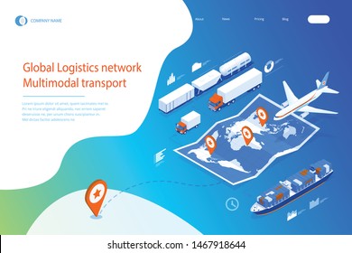 Web template banner Global logistics network. Isometric illustration of air cargo trucking rail transportation maritime shipping On-time delivery. Vehicles designed to carry large numbers of cargo.