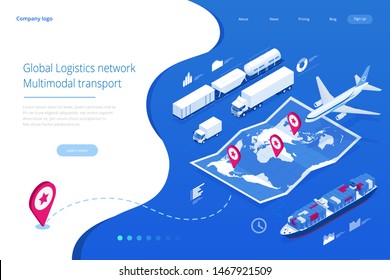 Web template banner Global logistics network. Isometric illustration of air cargo trucking rail transportation maritime shipping On-time delivery. Vehicles designed to carry large numbers of cargo.