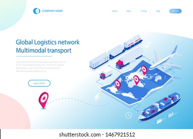 Web template banner Global logistics network. Isometric illustration of air cargo trucking rail transportation maritime shipping On-time delivery. Vehicles designed to carry large numbers of cargo.