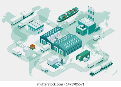 Web template banner Global logistics network. Isometric illustration of air cargo trucking rail transportation maritime shipping On-time delivery. Vehicles designed to carry large numbers of cargo.