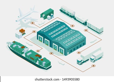 Web template banner Global logistics network. Isometric illustration of air cargo trucking rail transportation maritime shipping On-time delivery. Vehicles designed to carry large numbers of cargo.