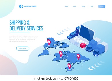Web template banner of Isometric Logistics and Delivery Infographics. Delivery home and office.