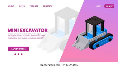 Web template with a blue excavator. Vector