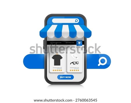 Web template browser or e-commerce or online shopping application on smartphone that resembles store or shop and has search icon in the background, vector 3d isolated for online shopping concept