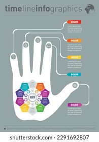 Plantilla Web. Concepto de presentación de negocios con 8 ó 10 opciones. Reportar con la mano humana y el conjunto de iconos. Infografía vectorial de tecnología o proceso educativo.