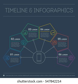 Web Template of a chart, diagram or presentation made from lines. Part of the report with icons set. Vector infographic of technology or education process. Business concept with 6 steps.