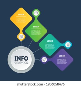 Web Template of a chart, mindmap or diagram on dark background. Dynamic infographics or mind map of technology or education process with four steps. Business presentation or infographic with 4 options