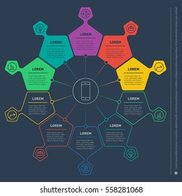 Web Template of a circle chart, diagram or presentation made from lines.Business concept with ten options. Vector infographic of technology or education process.  Part of the report with icons set.