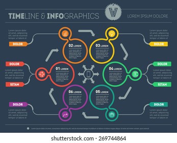 Web Template for circle diagram, corporate presentation. Business teamwork concept with six options. Vector infographic of technology or education process. Part of the report on dark background.
