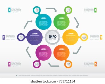 Web Template for circle diagram or infographics. Business presentation concept with 6 options. Vector infographic of technology or education process. Part of the report on light  background