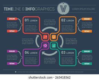 Web Template for circle diagram or presentation. Business concept with four options. Vector infographic of technology or education process on dark background.