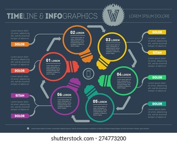 Web Template for circle diagram or presentation. Business concept with six options. Vector infographic of technology or education process. Part of the report with lamps on dark background