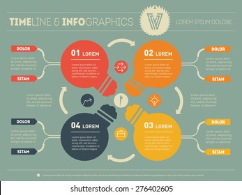 Web Template for circle diagram or presentation with stylized lamps. Business concept with four options. Vector infographic of technology process. Part of the report including logo and icons.