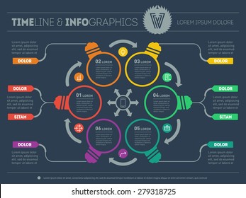 Web Template for circle diagram or presentation. Business concept with six options. Vector infographic of technology process with lamps. Part of the report on dark background.
