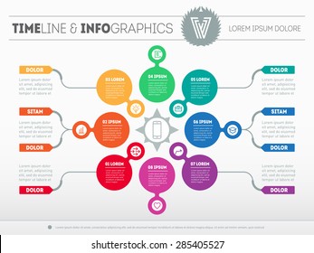 Web Template for circle diagram or presentation with icons and design elements. Business concept with 8 options. Vector infographics of technology or education process. Part of the report.