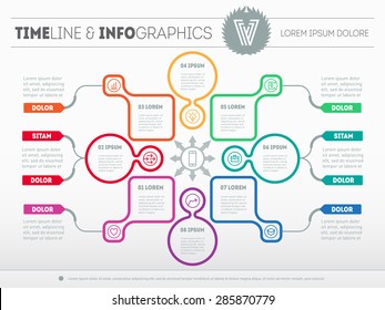 Web Template for circle diagram or presentation with icons and design elements. Business concept with 8 options. Vector infographics of technology or education process. Part of the report.