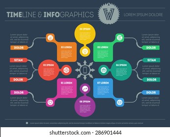 Web Template for circle diagram or presentation with icons and design elements. Business concept with eight options. Vector infographics of technology or education process. Part of the report.