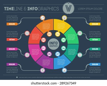 Web Template for circle diagram or presentation. Concept with 8 options. Vector infographics of technology or Business process. Part of the report on dark background.