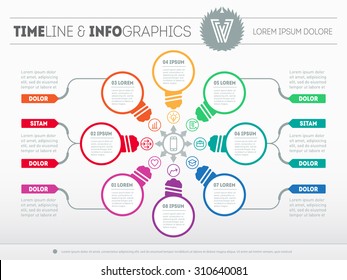 Web Template for circle diagram or presentation with icons and stylized bulbs. Business concept with 8 options. Vector infographics of technology or education process. Part of the report.