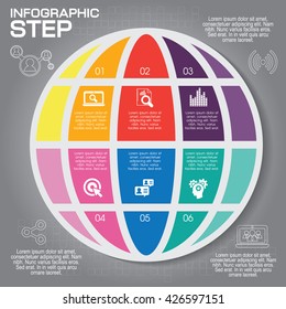 Web Template for circle diagram or presentation. Business concept with 6 options. Vector infographic of technology or education process. Part of the report on dark background.