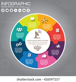 Web Template for circle diagram or presentation. Business concept with 8 options. Vector infographic of technology or education process. Part of the report on dark background.