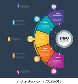 Web Template of a circle info chart, diagram or presentation on dark background. Business presentation concept with 5 options. Vector infographic of technology or education process with 5 steps