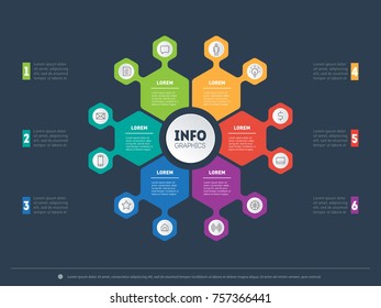 Web Template for circle infographic, diagram or presentation. Business concept with 6 options. Part of the report with 12 icons. Vector infographic of technology process or teamworks