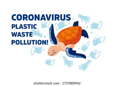Web template Coronavirus plastic waste pollution! Vector flat illustration. A sea turtle swims in sea with garbage - in water are face masks; latex gloves; medical waste after COVID-19