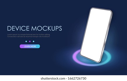 Web template digital Device Mockup with LEARN MORE button showing a 3d tablet or mobile phone with blank white screen, colored vector illustration