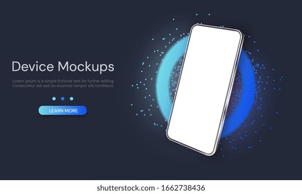 Web template digital Device Mockup with info button showing a 3d tablet or mobile phone with blank white screen, vector illustration