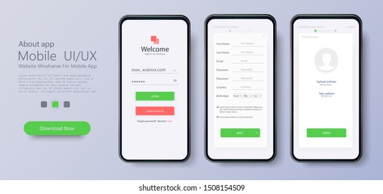 Web template and elements for registration on the website or mobile application. Account registration. Create new account. Signup screen. Notification screens. Registration