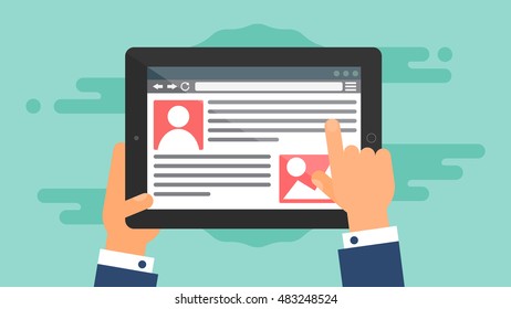 Web Template and Elements for site of blog and infographics on tablet or reader. Vector