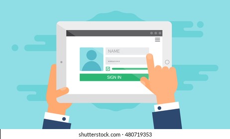 Web Template and Elements for site form of login to account on tablet. Vector