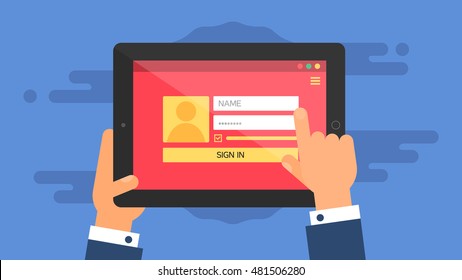 Web Template and Elements for site form of login to account on tablet. Vector