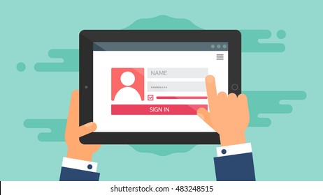 Web Template and Elements for site form of login to account on tablet. Vector svg