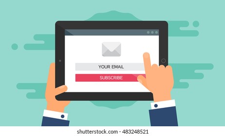 Web Template and Elements for site form of email subscribe, newsletter on tablet. Vector