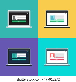 Web Template and Elements for site form of login to account on computer. Vector