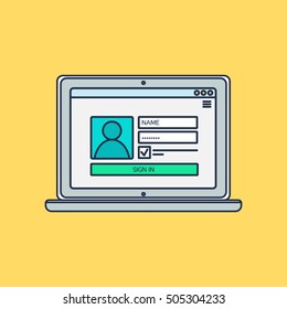 Web Template and Elements for site form of login to account on computer. Vector