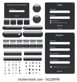 Web template with forms, bars, buttons and many icons.