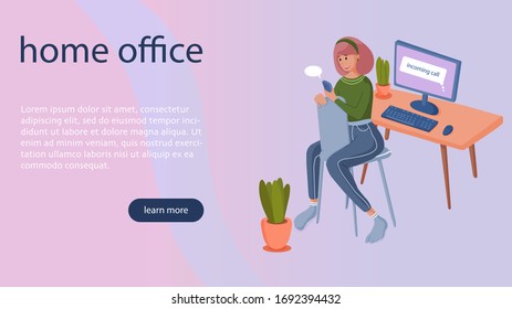 Web template of freelance work from home due to coronavirus quarantine. Woman sits in the chair and takes online education. Flat vector.
