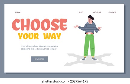 Plantilla web con la ilustración de un tipo confuso encogiéndose de hombros y el texto elige tu camino. Ilustración vectorial. Concepto de aterrizaje.