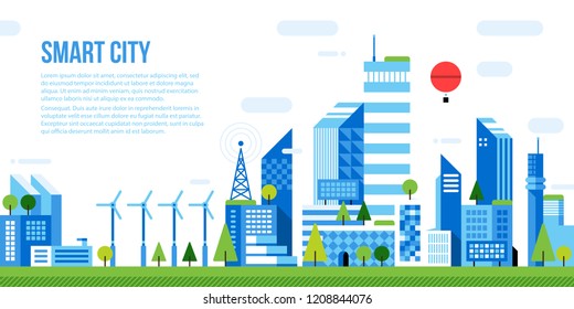 Web template with illustration of smart city. Futuristic urban background with skyscrapers and office buildings. Modern vector flat style.