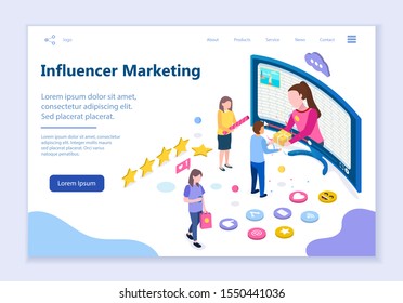 Web template of influencer marketing concept, modern flat design vector illustration
