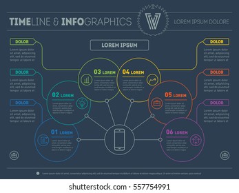 Web Template of a info chart, diagram or presentation made from lines. Part of the report with icons set. Vector infographic of technology or education process. Business concept with 6 options.