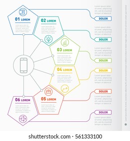 Web Template of a info chart, diagram or presentation made from lines. Part of the report with icons set. Vector infographic of technology or education process. Business concept with six options.