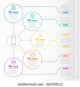 Web Template of a info chart, diagram or presentation made from lines. Part of the report with icons set. Vector infographic of technology or education process. Business concept with 5 options.