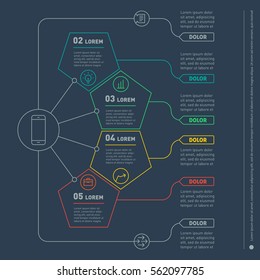 Web Template of a info chart, diagram or presentation made from lines. Part of the report with icons set. Vector infographic of technology or education process. Business concept with 4 options