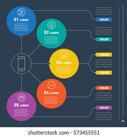  Webvorlage eines Info-Diagramms oder -Diagramms. Teil des Berichts mit Symbolen gesetzt. Vektorgrafik von Technologie oder Bildungsprozess.Business-Präsentation Konzept mit 5 Optionen.