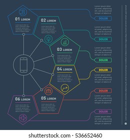 Web Template of a infochart, diagram or presentation made from lines. Part of the report with icons set. Vector infographic of technology or education process. Business concept with 6 options
