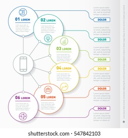 Web Template of a infochart, diagram or presentation made from lines. Part of the report with icons set. Vector infographic of technology or education process. Business concept with 6 options.